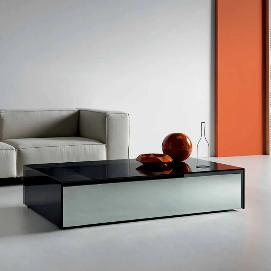 Tavolino Basso da Salotto in Vetro Fumè e Cassetti in Legno 3 Misure - Mantra Viadurini