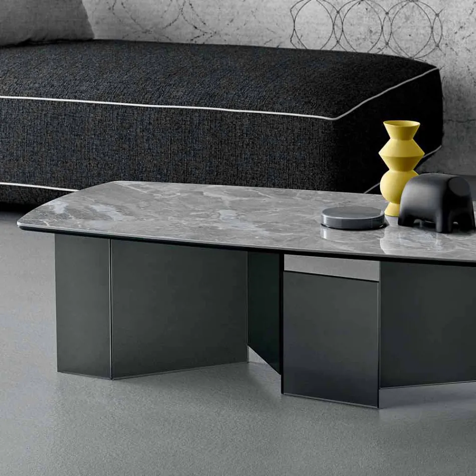 Tavolino Basso Salotto Piano in Ceramica e Gambe in Vetro Fumè 3 Misure - Random Viadurini