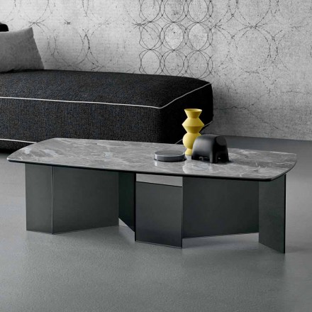 Tavolino Basso Salotto Piano in Ceramica e Gambe in Vetro Fumè 3 Misure - Random Viadurini