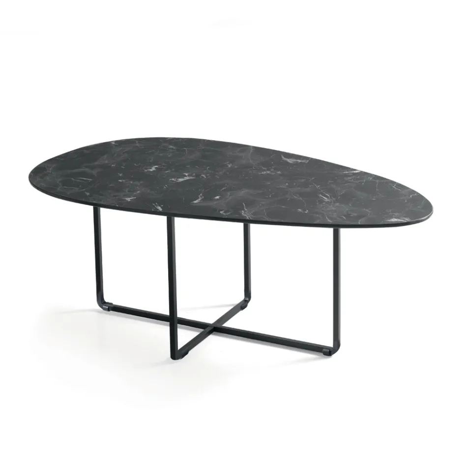 Tavolino con Base in Metallo e Piano in Specchio e Ceramica Effetto Marmo - Gisella Viadurini