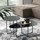 Tavolino con Base in Metallo e Piano in Specchio e Ceramica Effetto Marmo - Gisella Viadurini