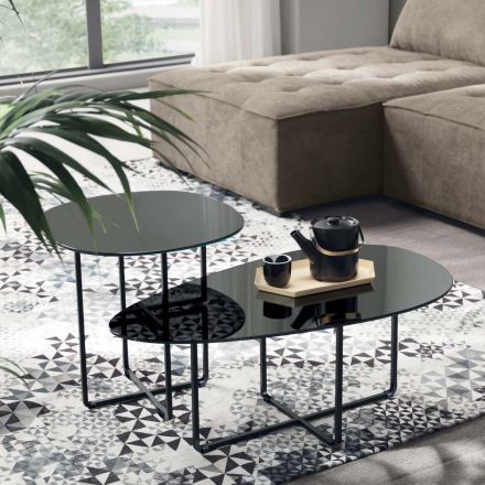 Tavolino con Base in Metallo e Piano in Specchio e Ceramica Effetto Marmo - Gisella Viadurini