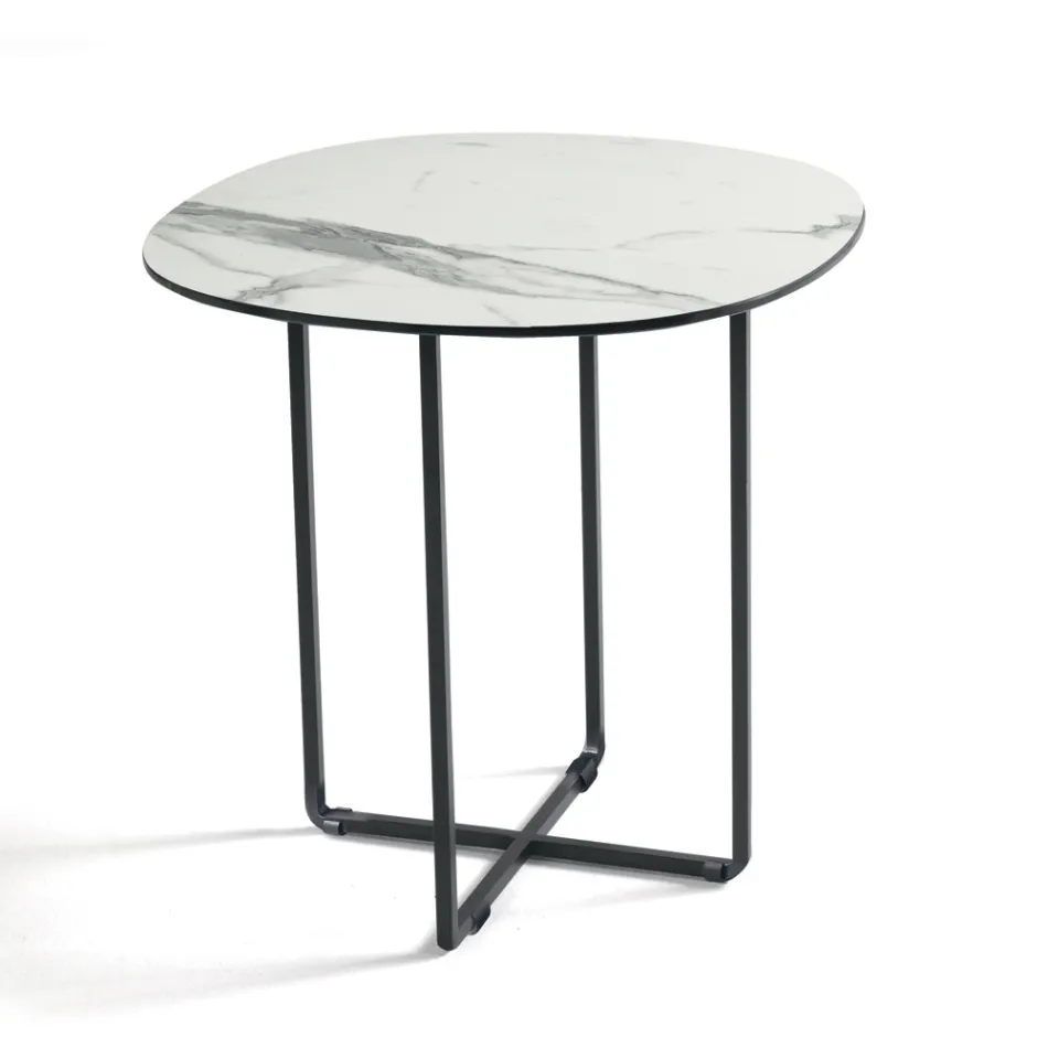 Tavolino con Base in Metallo e Piano in Specchio e Ceramica Effetto Marmo - Gisella Viadurini