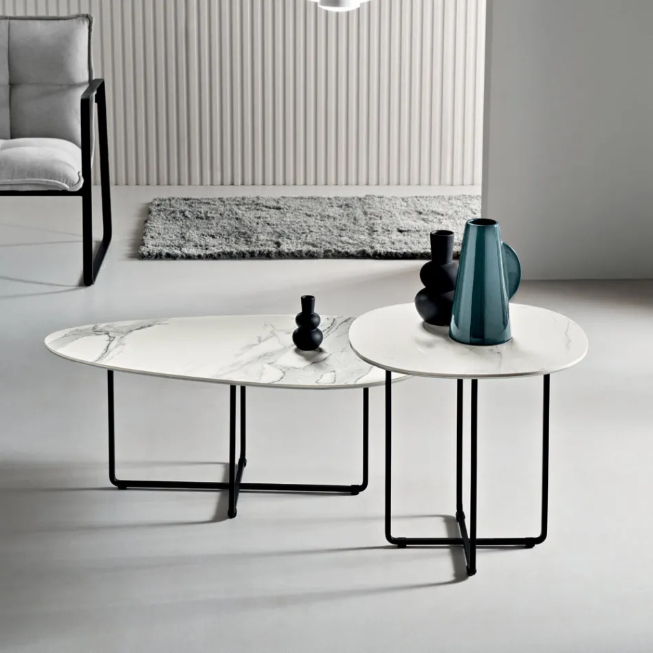 Tavolino con Base in Metallo e Piano in Specchio e Ceramica Effetto Marmo - Gisella Viadurini