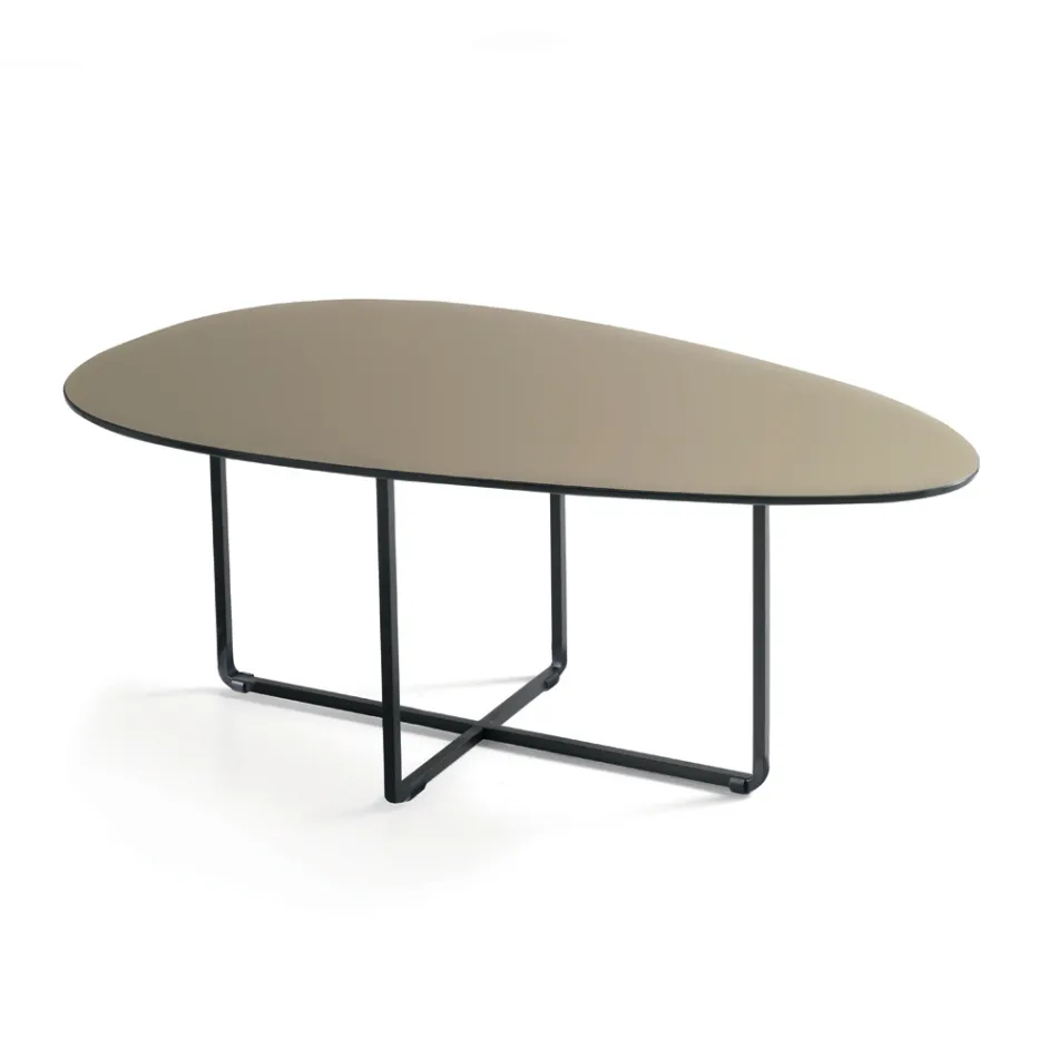 Tavolino con Base in Metallo e Piano in Specchio e Ceramica Effetto Marmo - Gisella Viadurini
