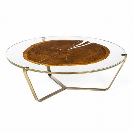 Tavolino da caffè basso di design con piano in vetro e legno Bigo Viadurini
