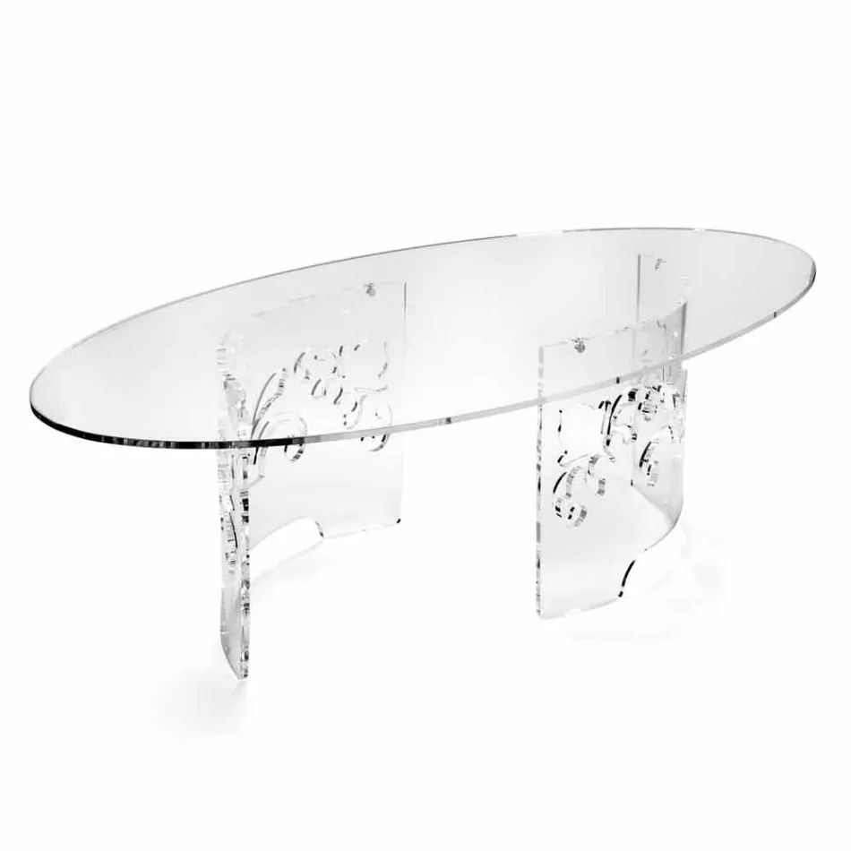 Tavolino da Caffè in Plexiglass Fumè o Trasparente con Base Decorata - Crasso Viadurini