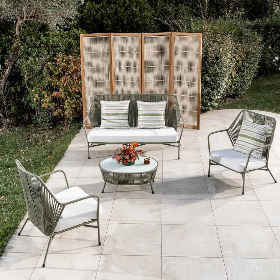 Tavolino da Giardino in Alluminio e Intreccio in Corda e Vetro - Asteria Viadurini