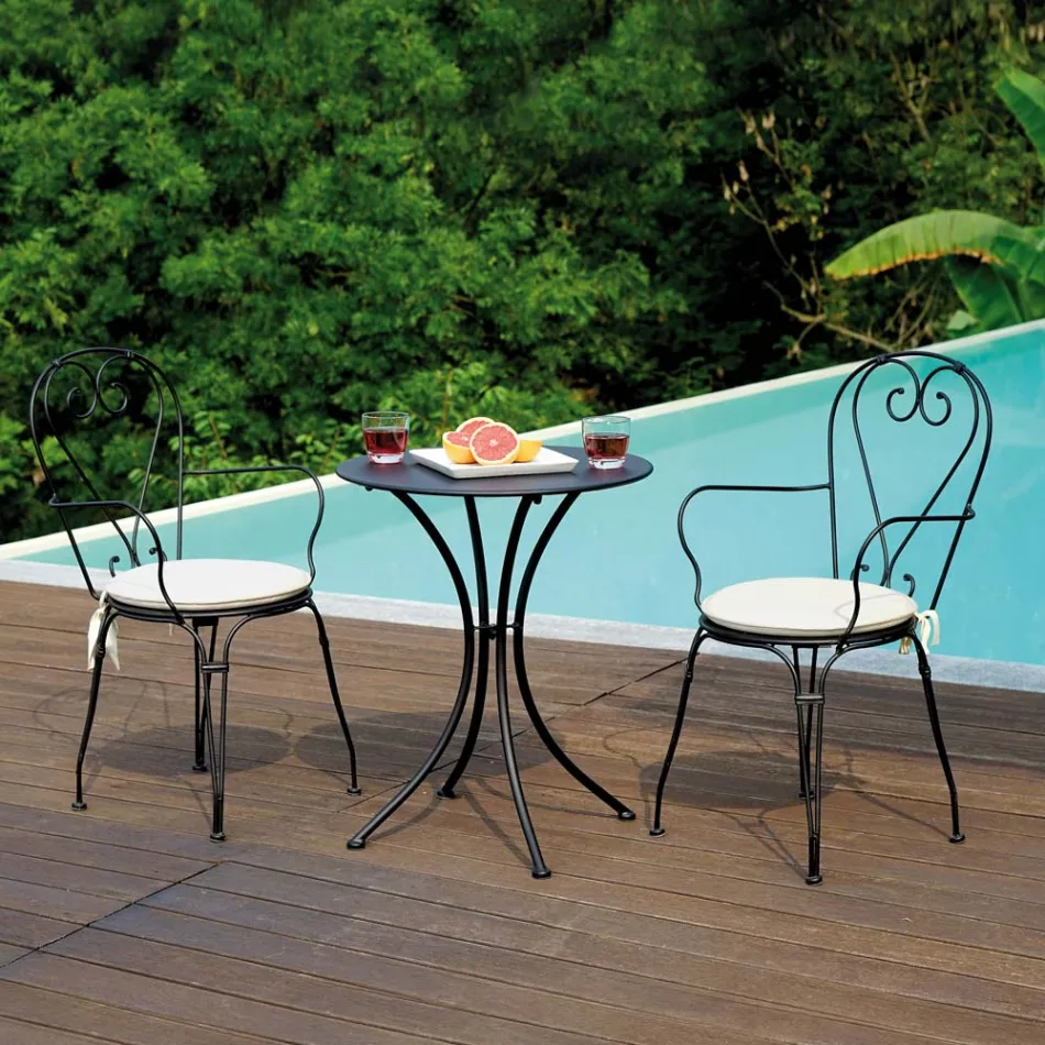 Tavolino da Giardino in Ferro Verniciato Nero con Piano Rotondo - Gendron Viadurini