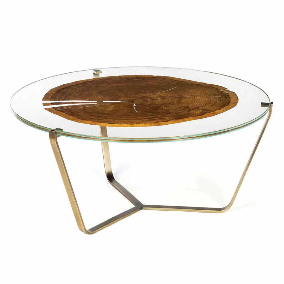 Tavolino da Salotto con Piano Rotondo in Vetro e Legno Made in Italy - Baviera Viadurini