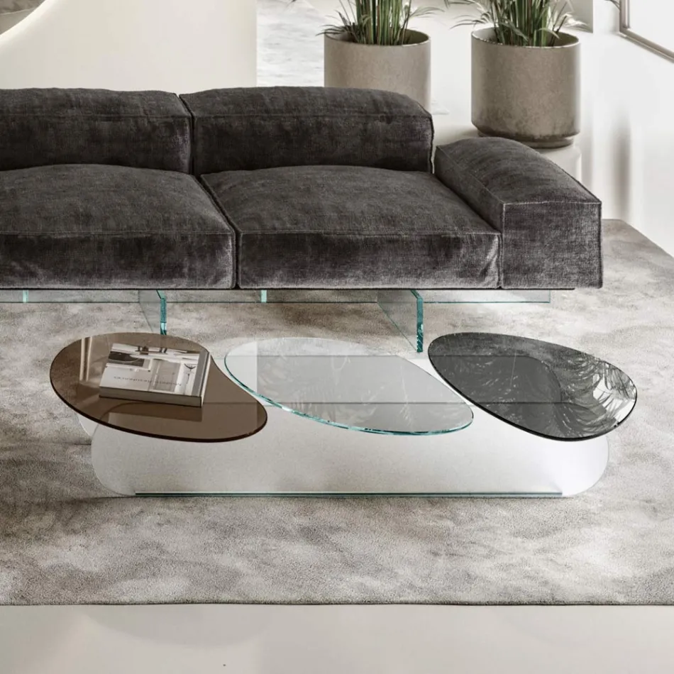 Tavolino da Salotto in Vetro con 3 Top Sagomati Colorati - Dapy Viadurini