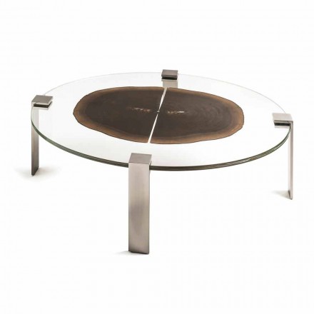Tavolino da salotto ovale basso con piano in vetro e legno Buck 1 Viadurini