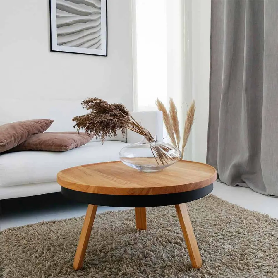 Tavolino da Salotto Rotondo di Design in Legno Massello e Metallo - Salerno Viadurini