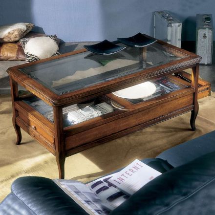Tavolino da Soggiorno con Piano in Vetro e 2 Cassetti Made in Italy - Xipe Viadurini