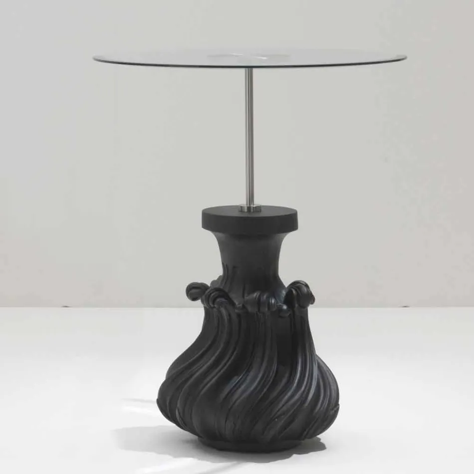 Tavolino in cristallo/legno massello nero sabbiato, diametro 60, Margo Viadurini