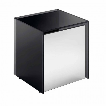 Tavolino Lato Divano o Comodino in Vetro Fumè con Cassetto in Legno - Mantra Viadurini