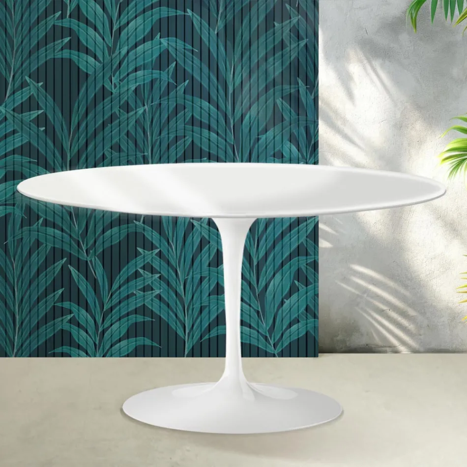 Tavolino Ovale Tulip Saarinen H 41 cm in Ceramica Florim Bianco Lucido - Scarlet Viadurini