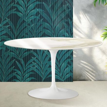 Tavolino Ovale Tulip Saarinen H 41 cm in Ceramica Florim Calacatta Gold Lucido - Scarlet Viadurini