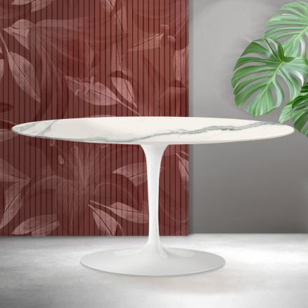 Tavolino Ovale Tulip Saarinen H 41 cm in Ceramica Florim Statuario Opaco - Scarlet Viadurini