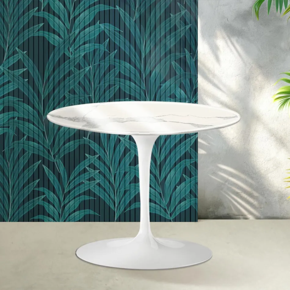 Tavolino Rotondo Tulip Saarinen H 41 cm in Ceramica Florim Statuario Lucido - Scarlet Viadurini