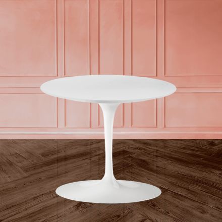 Tavolino Tulip Eero Saarinen H 39 con Piano in Laminato Liquido Bianco Made in Italy - Scarlet Viadurini