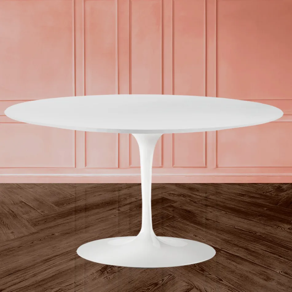 Tavolino Tulip Saarinen H 41 con Piano Ovale in Laminato Liquido Bianco Made in Italy - Scarlet Viadurini