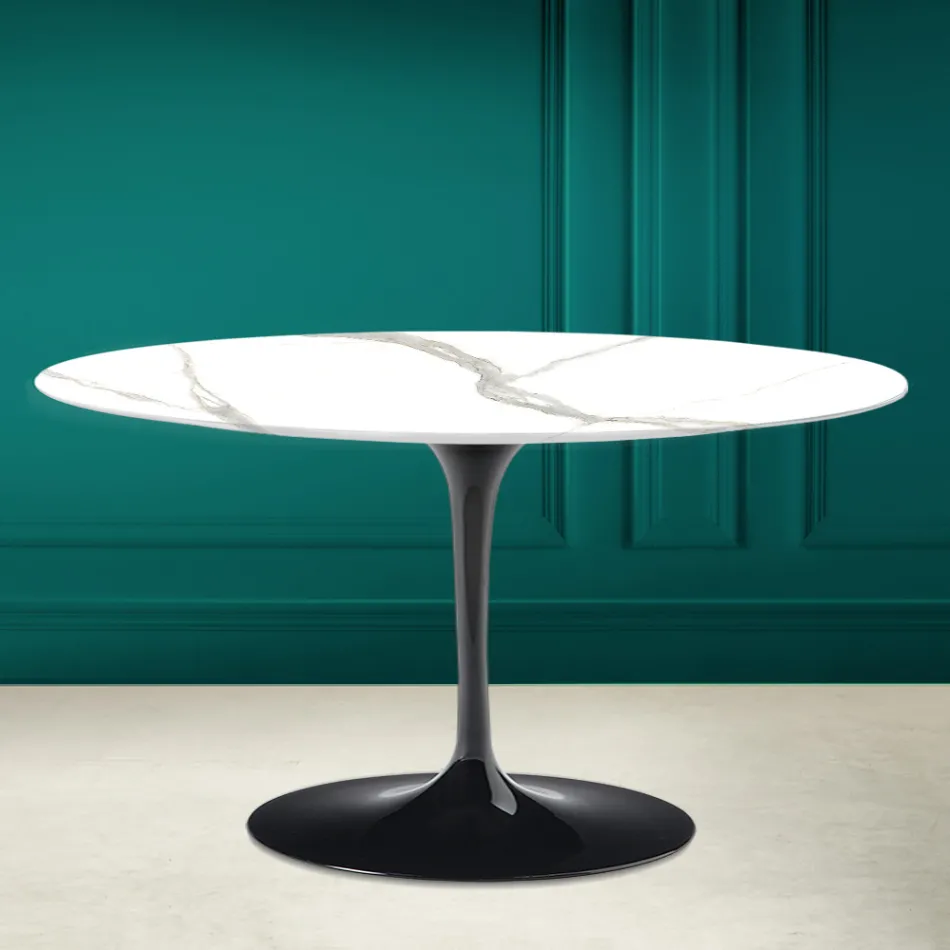 Tavolino Tulip Saarinen H 41 Ovale in Ceramica Calacatta Michelangelo Viadurini
