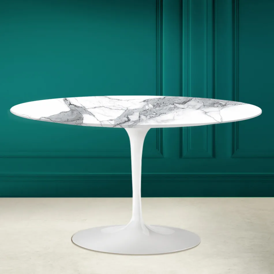 Tavolino Tulip Saarinen H 41 Ovale in Ceramica Statuario Altissimo Made in Italy - Scarlet Viadurini