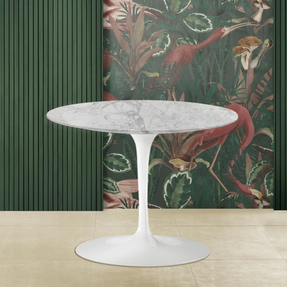 Tavolino Tulip Saarinen H 41 Rotondo con Piano in Marmo Arabescato Made in Italy - Scarlet Viadurini