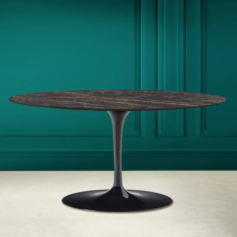 Tavolino Tulip Saarinen Ovale H 41 in Ceramica Noir Desire Made in Italy - Scarlet Viadurini