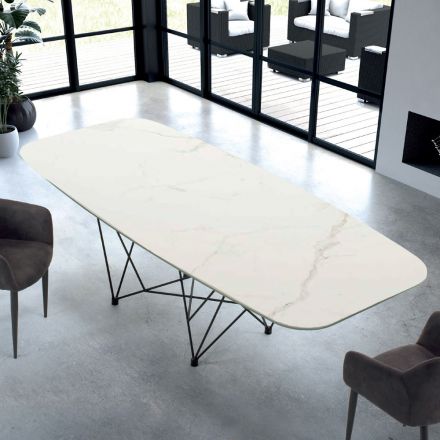Tavolo a Forma di Botte Moderno in Ipermarmo e Acciaio Made in Italy – Ezzellino Viadurini
