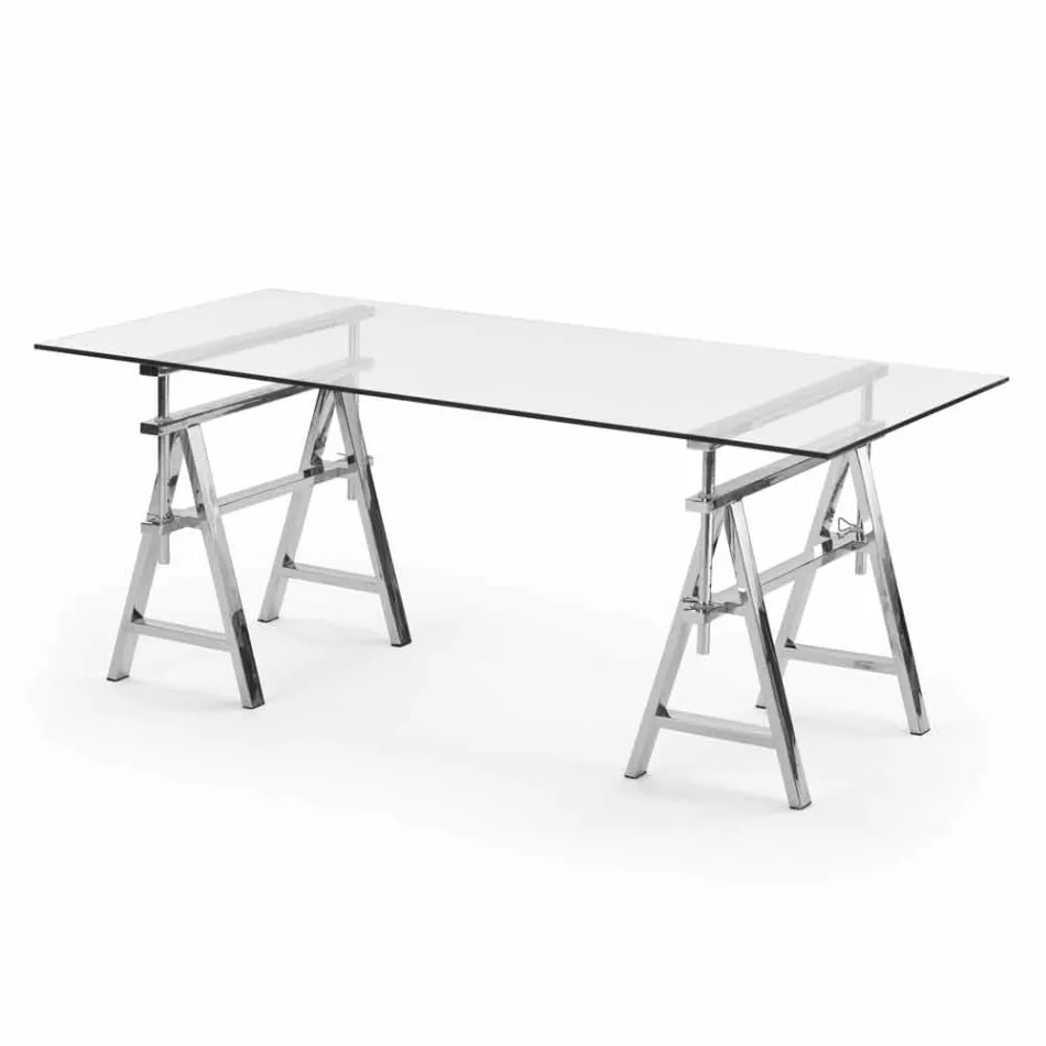 Tavolo acciaio/vetro altezza regolabile (L190xH72/74/78xP90cm) Cristal Viadurini