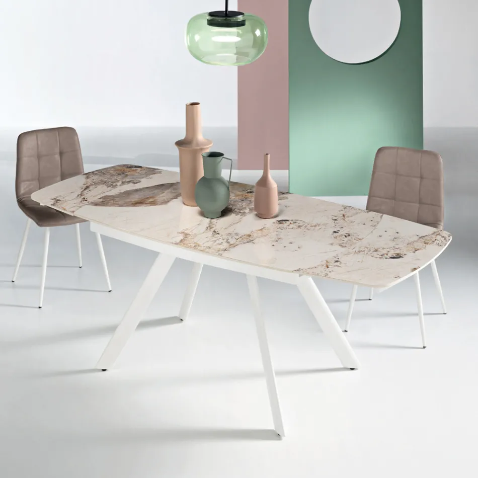 Tavolo Allungabile 140/210x90 cm in Pietra Sinterizzata Effetto Marmo - Atrio Viadurini