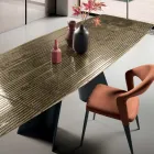 Tavolo Allungabile con Base in Metallo e Piano in Vetro Rigato Made in Italy - Lumo Viadurini