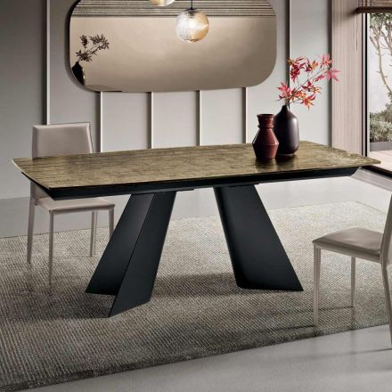 Tavolo Allungabile con Base in Metallo e Piano in Vetro Rigato Made in Italy - Lumo Viadurini