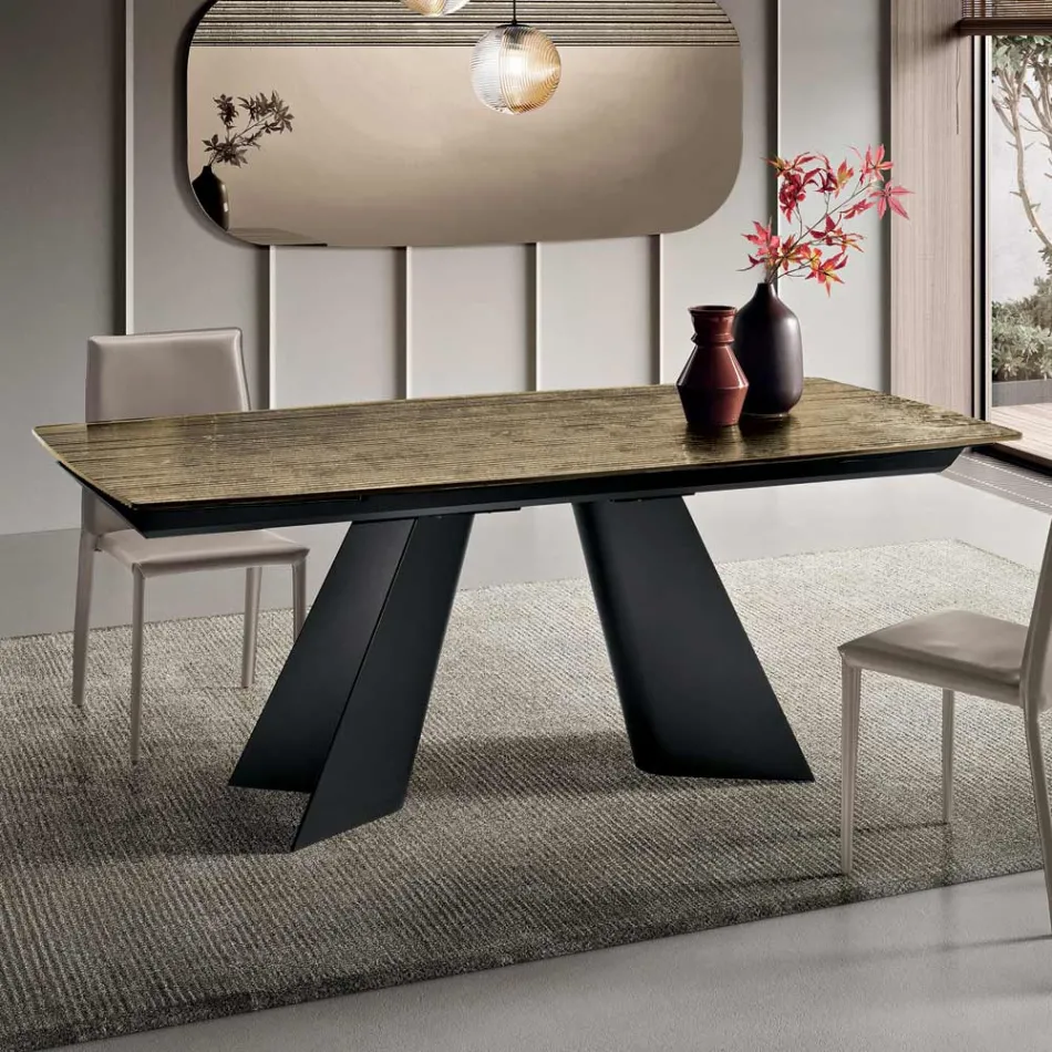 Tavolo Allungabile con Base in Metallo e Piano in Vetro Rigato Made in Italy - Lumo Viadurini