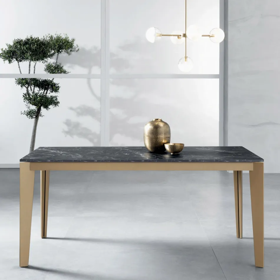 Tavolo Allungabile con Piano in Laminato Effetto Marmo Dark - Anice Viadurini