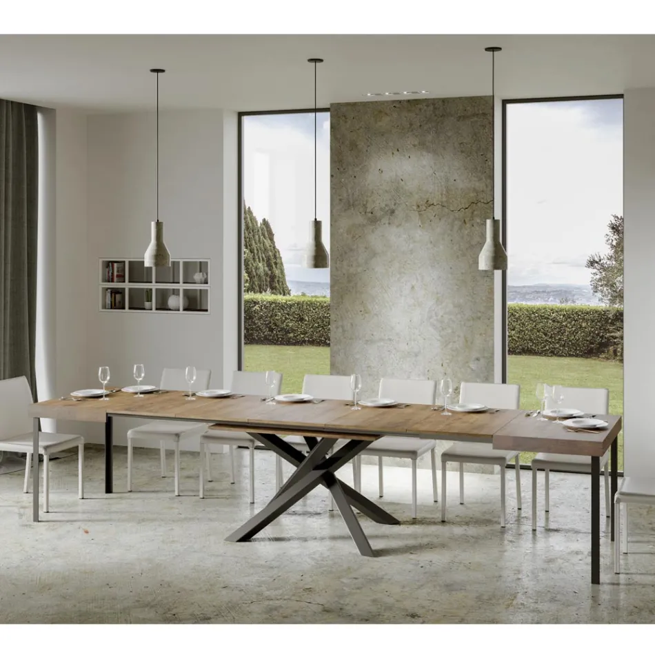 Tavolo Allungabile Fino a 440 cm in Ferro Antracite e Legno Made in Italy - Graffo Viadurini