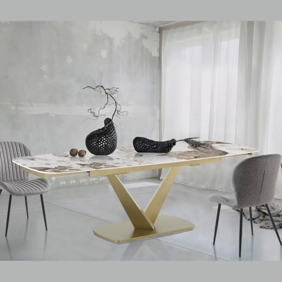 Tavolo Allungabile in Metallo e Piano in Ceramica Finitura Marmo Onice - Marche Viadurini