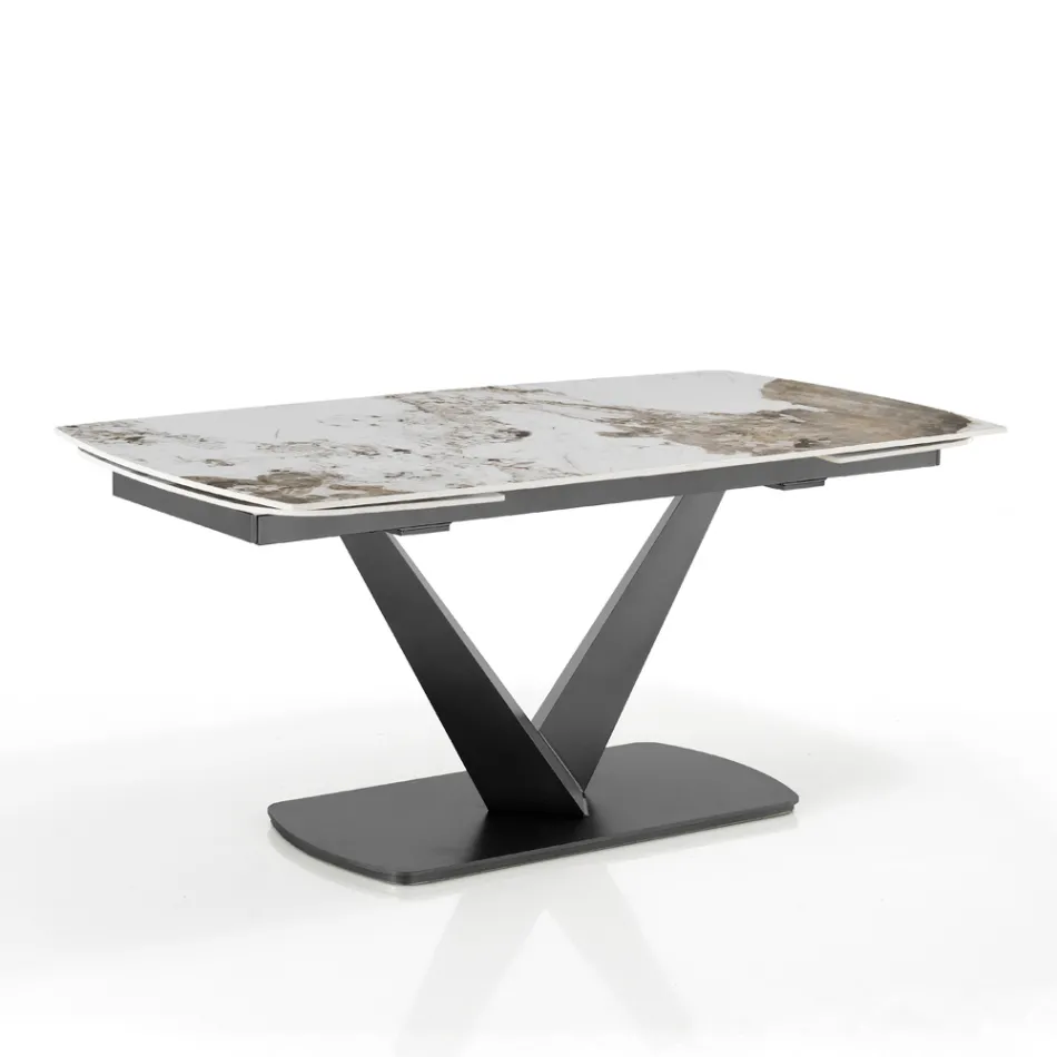 Tavolo Allungabile in Metallo e Piano in Ceramica Finitura Marmo Onice - Marche Viadurini