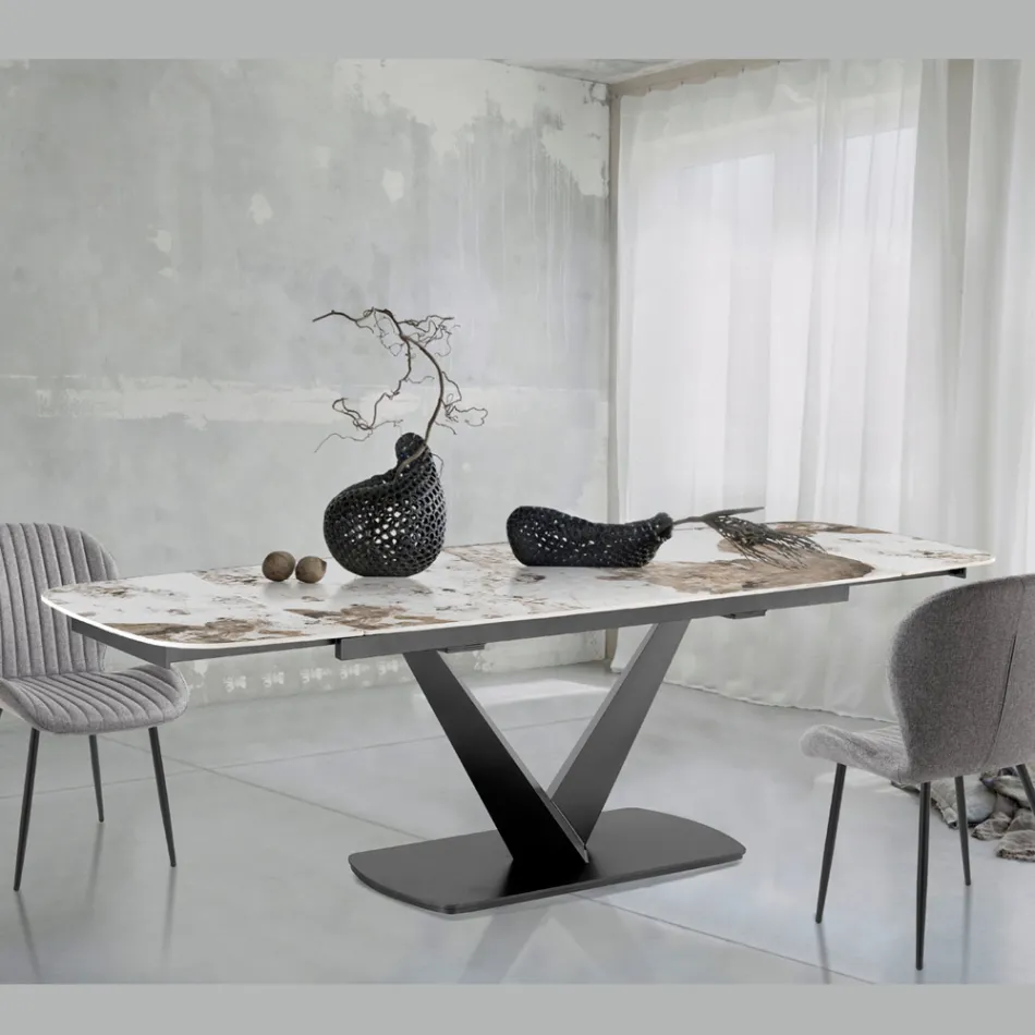 Tavolo Allungabile in Metallo e Piano in Ceramica Finitura Marmo Onice - Marche Viadurini