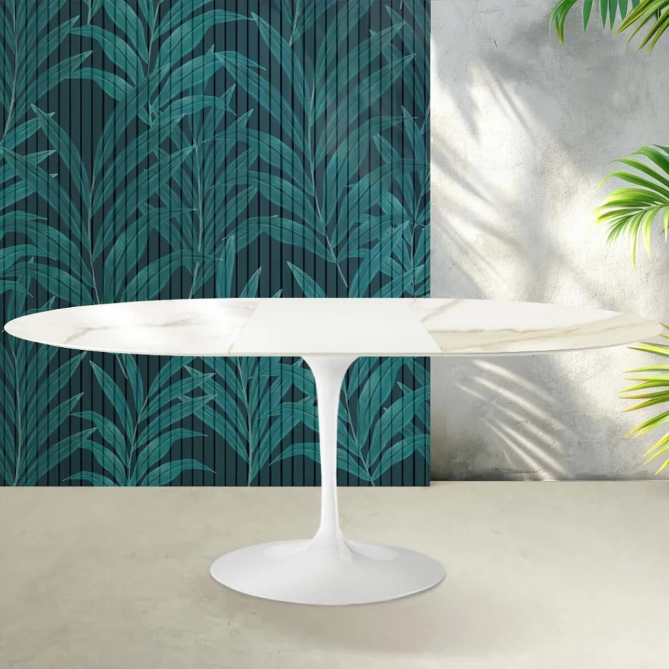 Tavolo Allungabile Tulip Saarinen H 74 cm in Ceramica Florim Calacatta Gold Lucido - Scarlet Viadurini