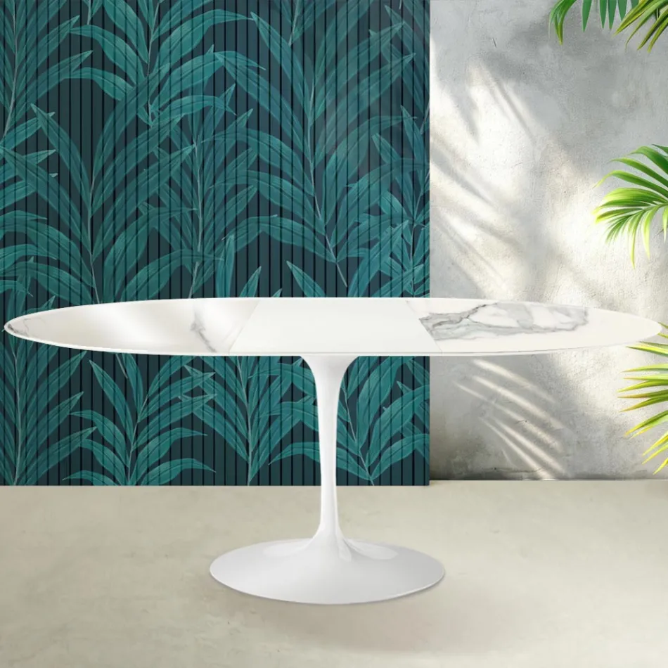 Tavolo Allungabile Tulip Saarinen H 74 cm in Ceramica Florim Statuario Lucido - Scarlet Viadurini