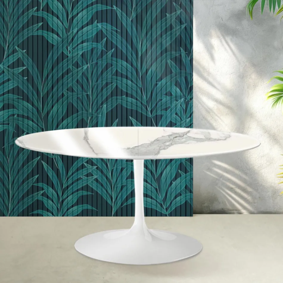Tavolo Allungabile Tulip Saarinen H 74 cm in Ceramica Florim Statuario Lucido - Scarlet Viadurini