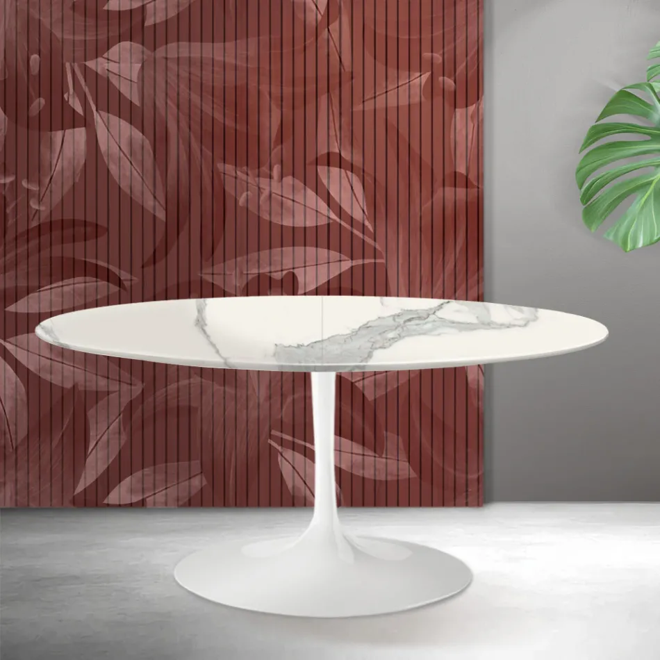 Tavolo Allungabile Tulip Saarinen H 74 cm in Ceramica Florim Statuario Opaco - Scarlet Viadurini