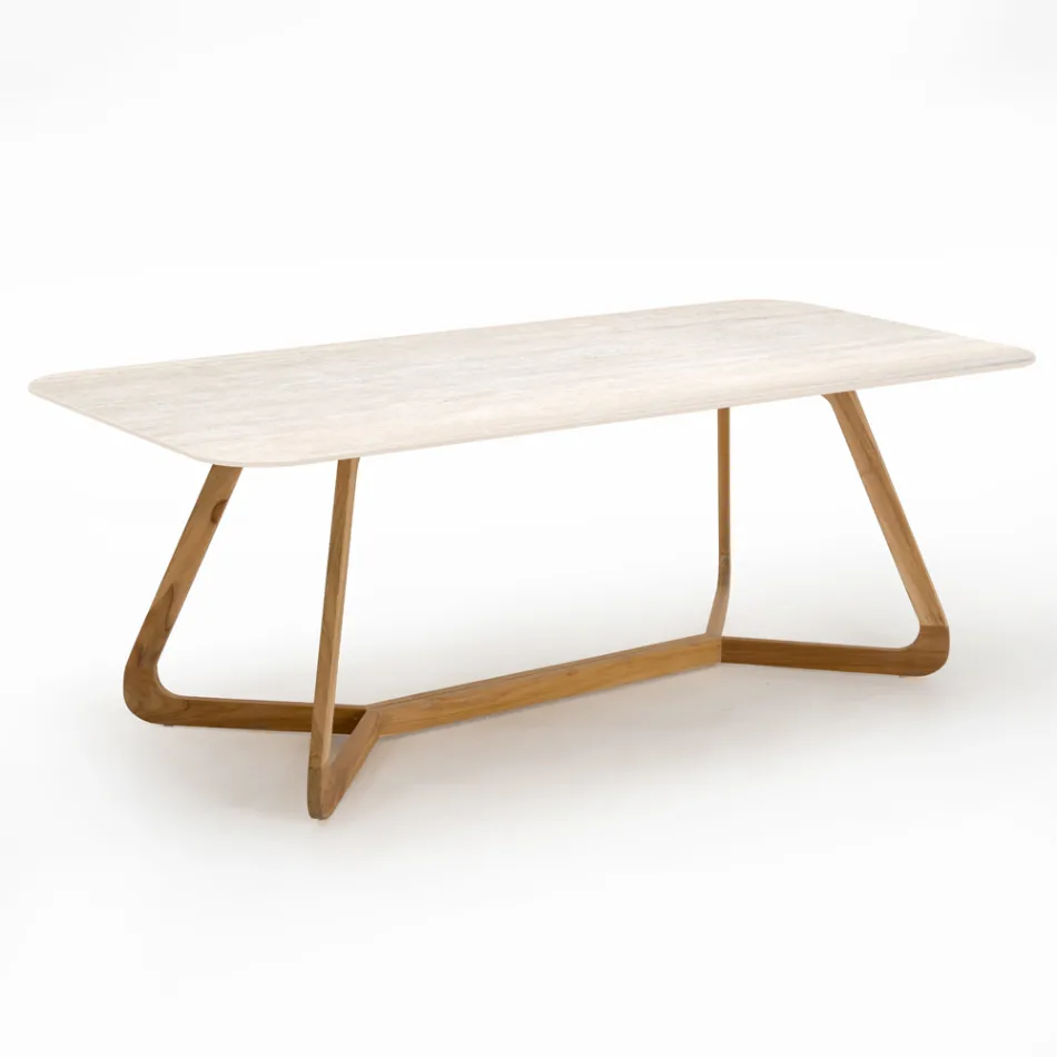 Tavolo con Base in Legno e Piano in Ceramica Travertino Chiaro - Infinity Viadurini