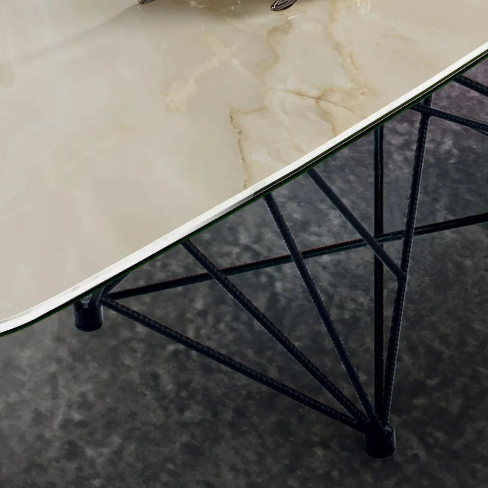 Tavolo con Piano in Ceramica a Botte e Base in Acciaio Made in Italy - Ezzellino  Viadurini