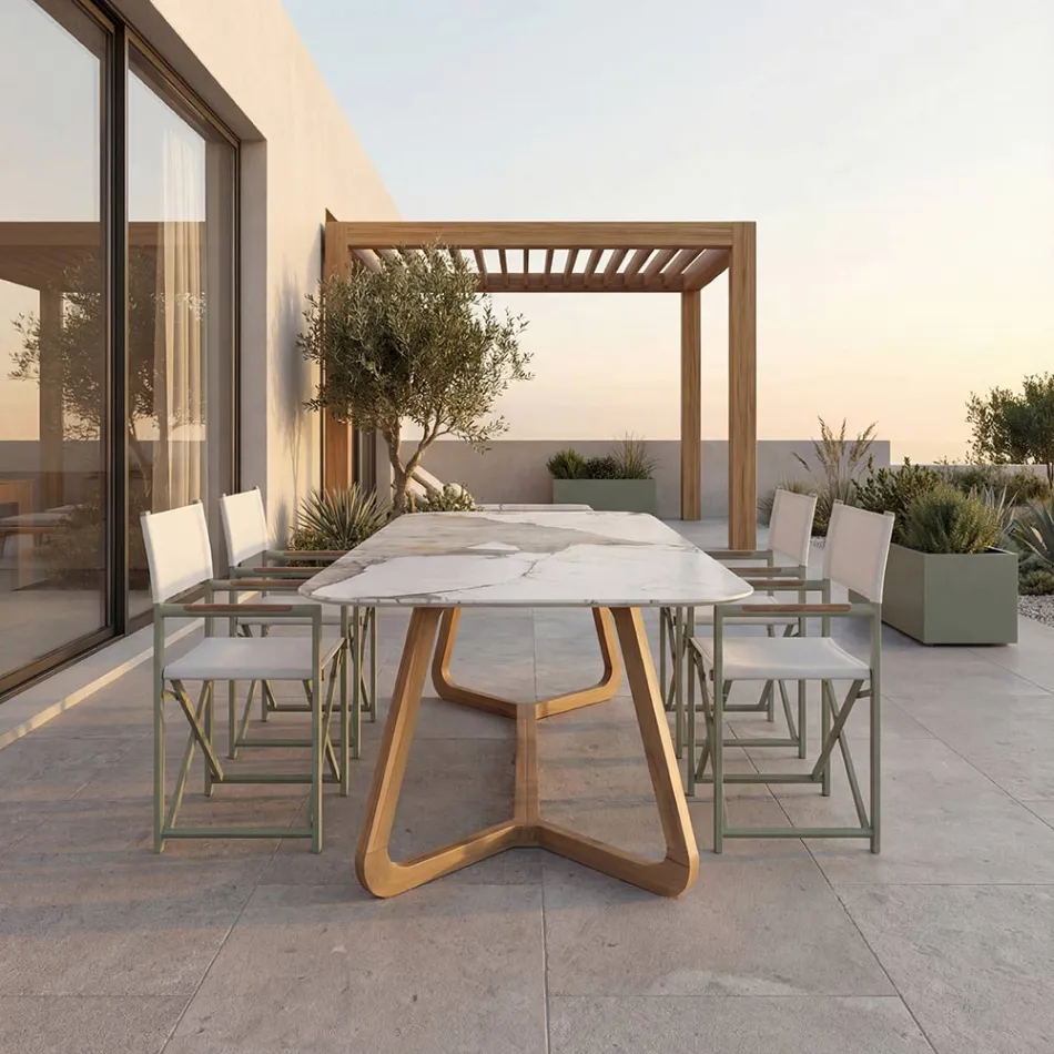 Tavolo con Piano in Ceramica e Base in Teak Massello Made in Italy - Blouse Viadurini