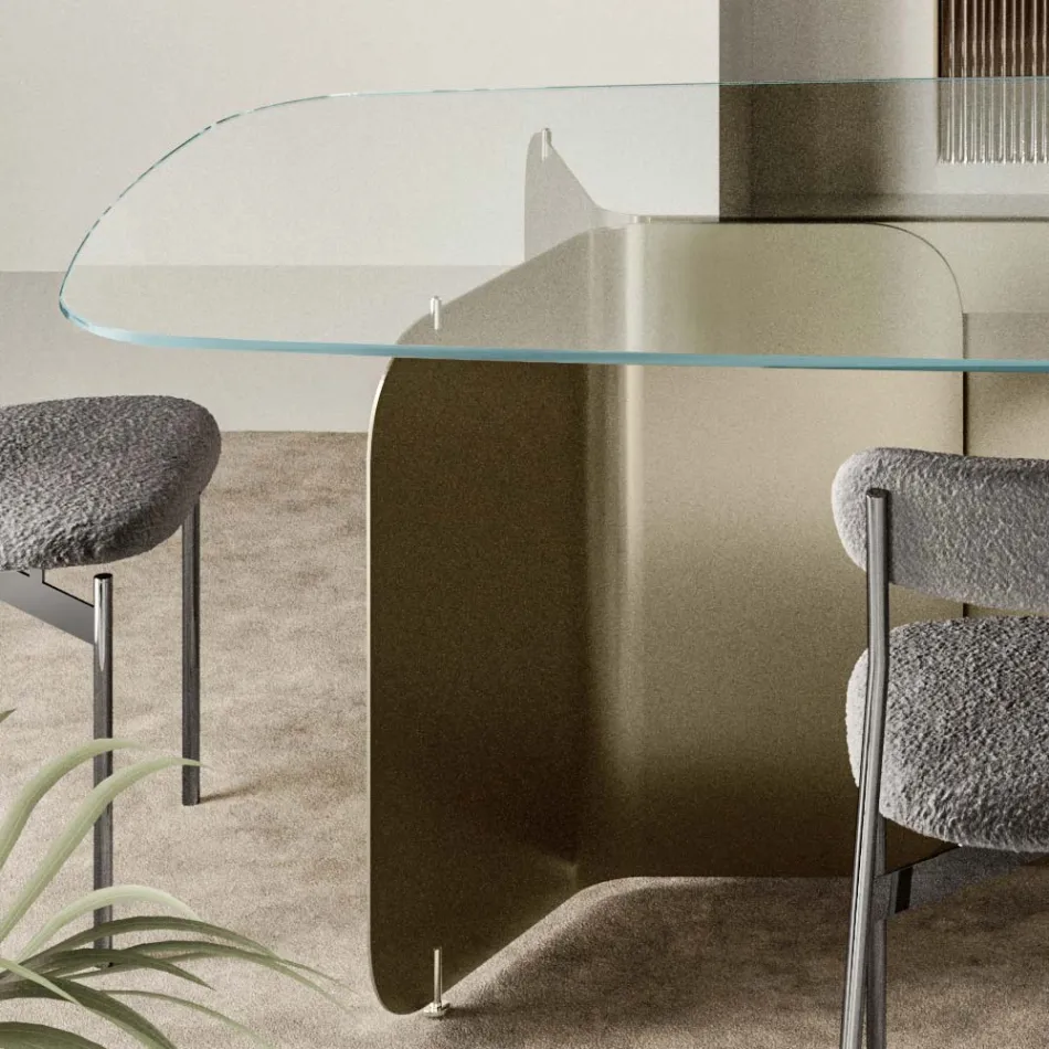 Tavolo con Piano Sagomato in Vetro e Base in Metallo Curvato - Piacere Viadurini