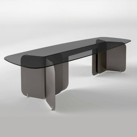 Tavolo con Piano Sagomato in Vetro e Base in Metallo Curvato - Piacere Viadurini
